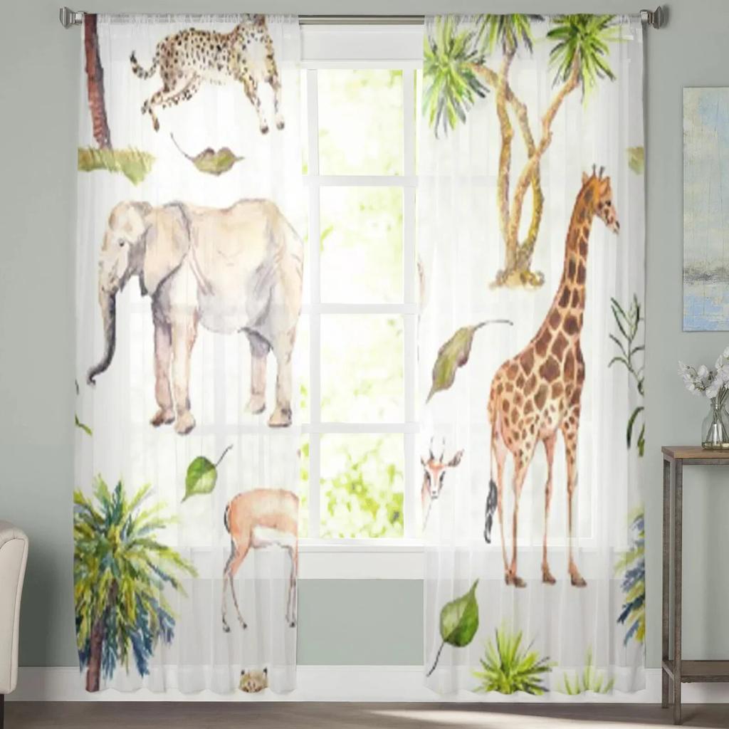Transparente Vorhänge mit Aquarell-Wildtieren für Wohnzimmer, moderne modische Volantvorhänge für die Küche, Tüllvorhänge