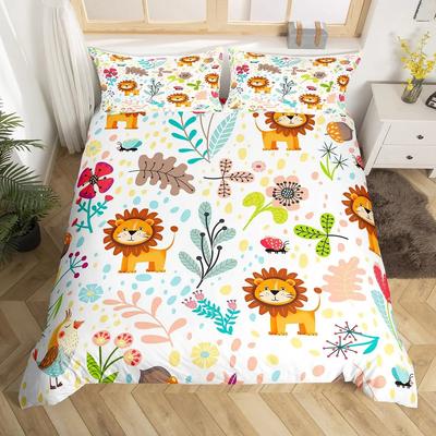 Funda Nórdica Infantil de León de Dibujos Animados Cubierta de Edredón de Selva Botánica Juego de Ropa de Cama de Animales del Zoo Florales Cubierta de Colcha de Hojas del Bosque Flores