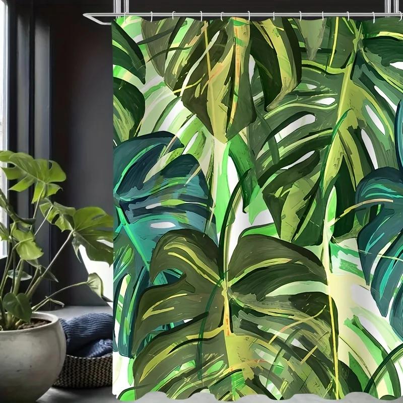 4pcs, Tropical Greenery Pattern,Apartment Bathroom, Shower Room Shower Curtain, Hotel Shower Curtain Set, with 12 Hooks