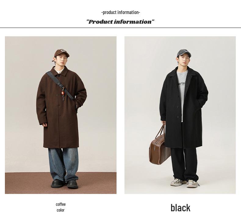 Men's Mid-Length Windproof Woolen Coat - Autumn/Winter, Japanese Style, Loose Fit, Thickened Lapel Jacket