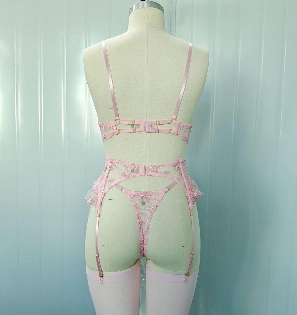 European Pink Floral Embroidered Garter & Bow Bra Set