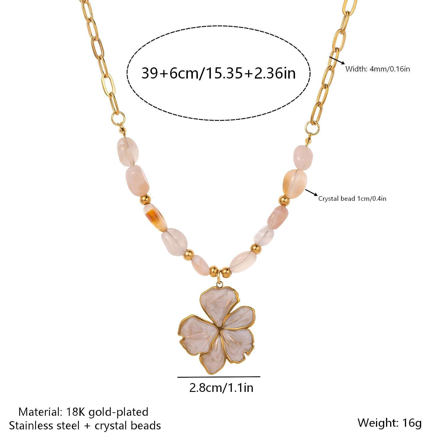 Women s 18K Gold Plated Stainless Steel Necklace with Natural Stone Beaded Four-Leaf Clover Pendant, Waterproof. 18K Gold Plated