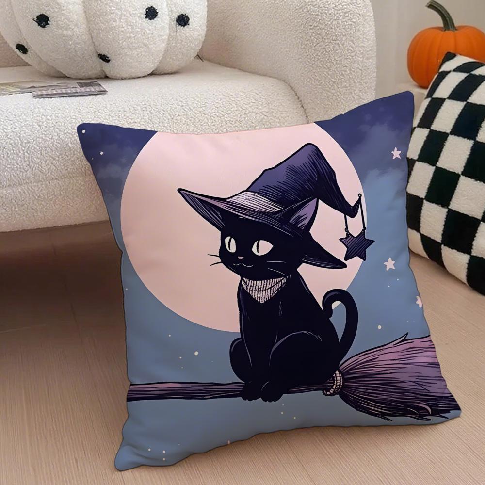 Character Spooky Halloween magic cat Cushion Cover Throw Pillow Cover Hidden Button Durable Polyester Chair Cushion
