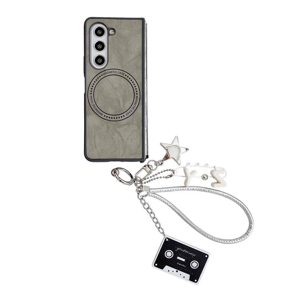 Magnetic Wrist Strap Cute Stars Wireless Charging PU Leather Phone Case for Samsung Galaxy Z Fold 6 5 4 3 Protective Cover