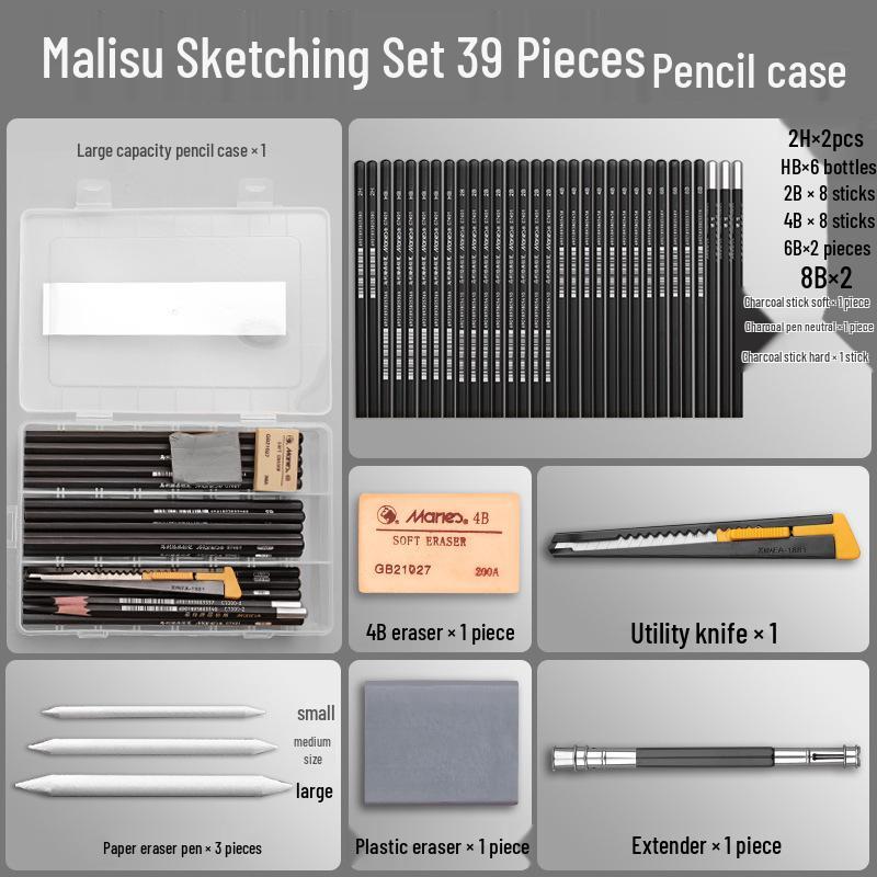 Mali Student Sketching & Drawing Pencil Set: Includes 2B, 4B, 14B soft, medium, hard, and charcoal pencils ideal for art exams.