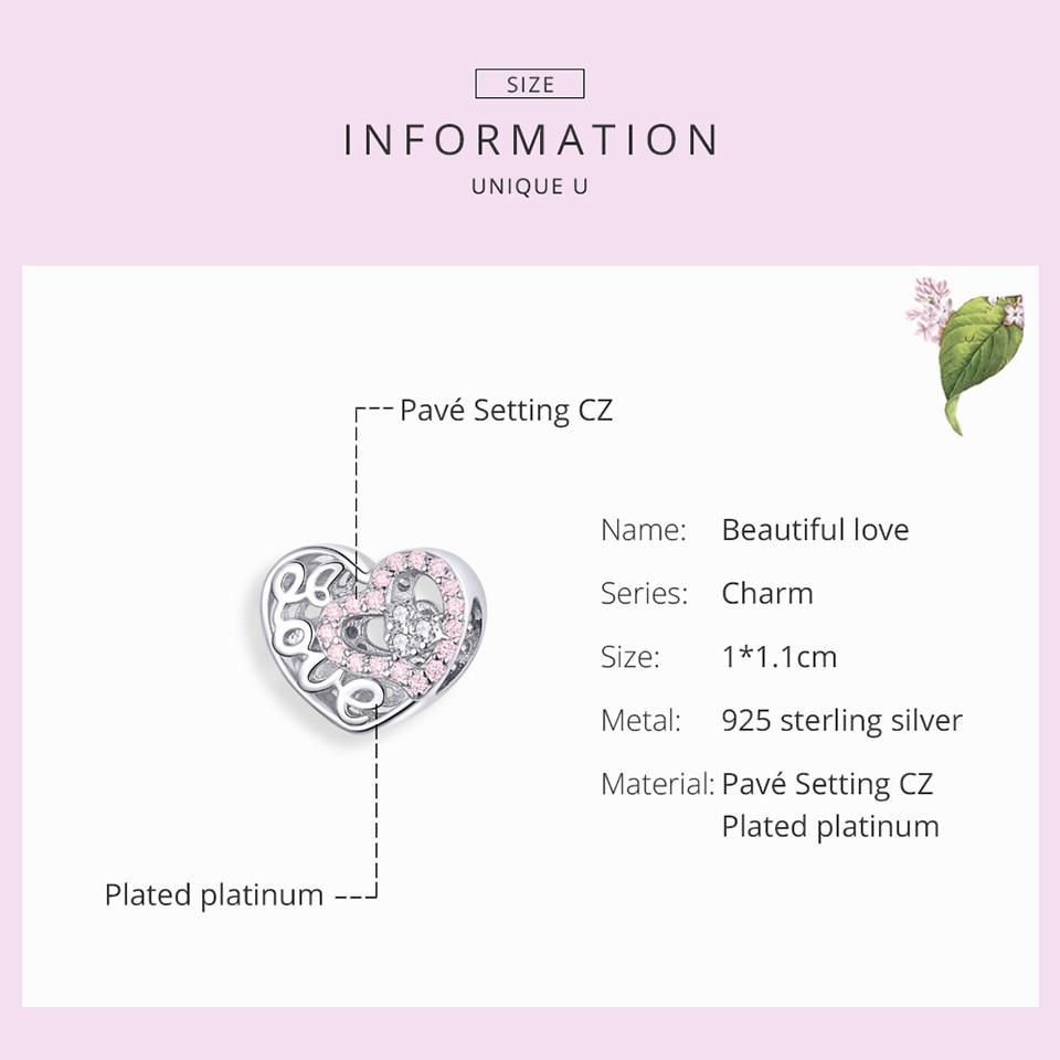 BAMOER Heart Shape Charm Fit Original Silver 925 Bracelet Pink CZ Heart In Heart Love Openwork Beads