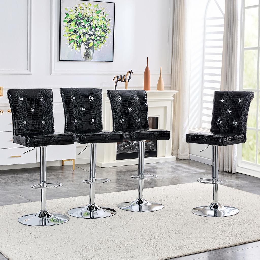 A Set of 2 Black Vintage Crocodile Leather Lift Bar Stools, with Crystal Buckle and Synthetic Leather Design, Add Elegance and Mystery to Dining Area