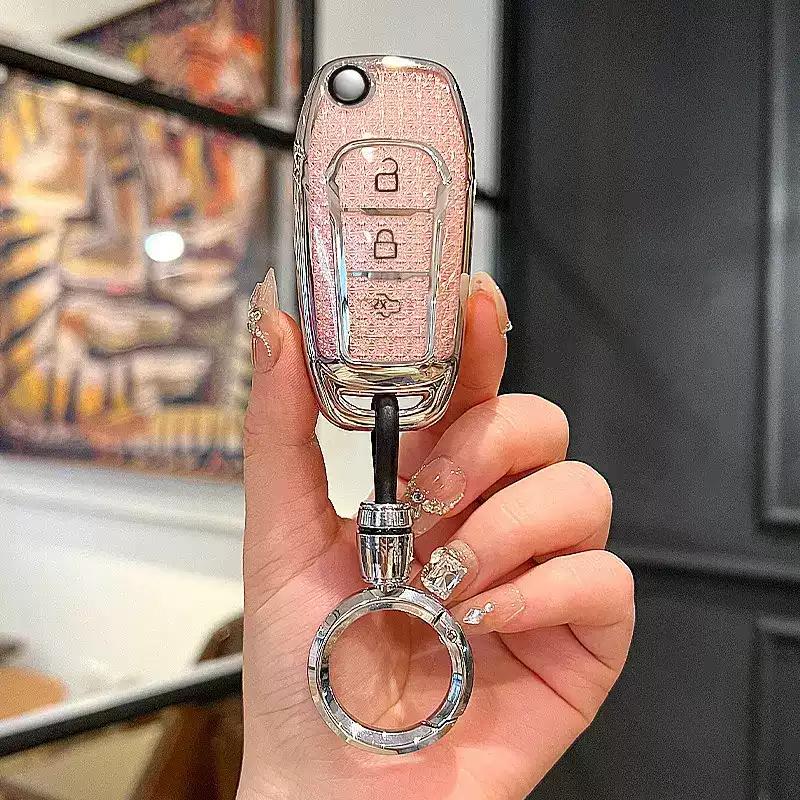 Crystal Pink For Ford Figo Mondeo 5 Ecosport Puma Fiesta Mk8 Everest Ranger Car Key Case Cover Keychain Accessories