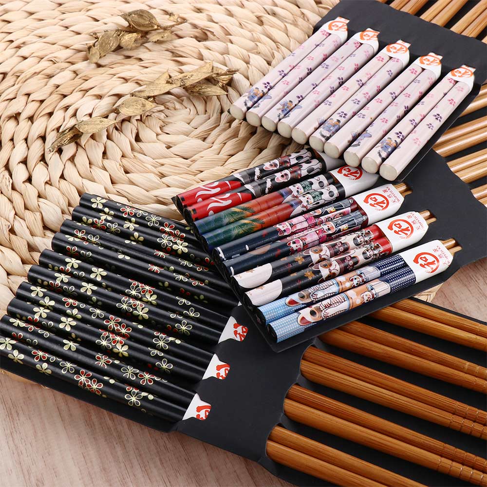 Reusable 5 Pair Chopsticks Set Handmade Japanese Style Natural Wood Chopsticks Sushi Food Cat Flower Wooden Chop Sticks