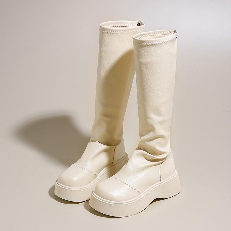 

Но сапоги до колена женские осень и зима 2025 новые британские сапоги на платформе рыцарские сапоги с маленькой молнией сзади высокие сапоги 40 бежевый