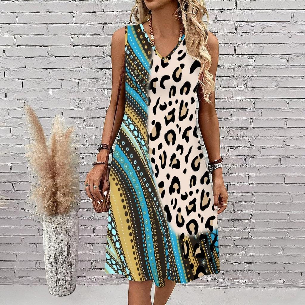 Plus Size V Neck Sleeveless Dress Misty River Valley Ink Print For Lakeside Leisure Trip