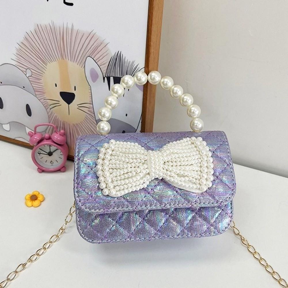 Mini Bow Crossbody Bag PU Leather Children Coin Purse Simple Pearl Handbag Women
