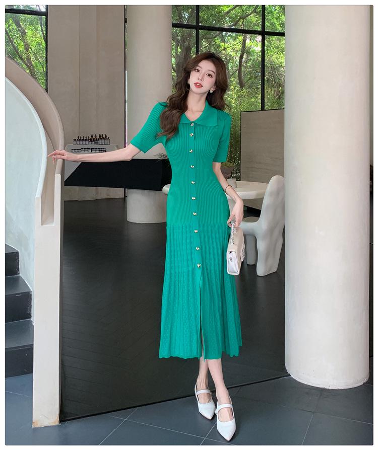 2026 Summer Korean Style Women's Polo Collar Short Sleeve Wool Knit Dress, Waist-Cinching, Slimming Long Dress.
