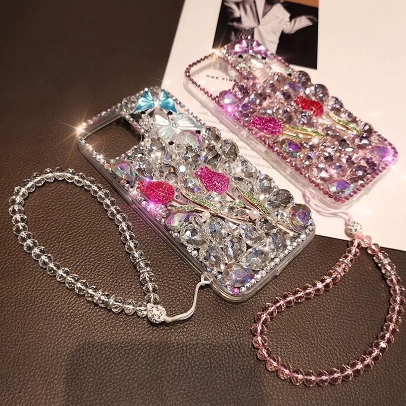 Luxury Rhinestone Mobile Phone Case Is Suitable For Apple 16Promax Rose Iphone17 Butterfly 14 Full Diamond Xr Women'S Model.