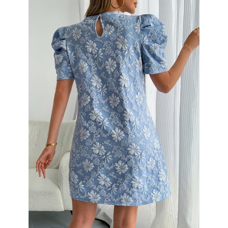 Women Summer Vintage Dresses Textured Jacquard Round Neck Bubble Sleeve New Style