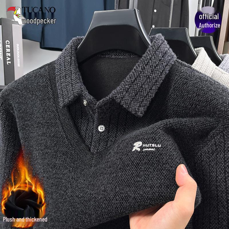 Woodpecker Herrstickad Tröja med Fleecefoder 2025 - Tjock, Varm, Tvådelad Vinterstil
