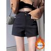 Women's 2024 High-Waisted A-Line Black Suit Shorts with Fleece - Slimming Wide-Leg Petite Outerwear for Autumn/Winter