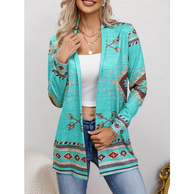 Western Ethnic Print Open Front Cardigan, Casual Long Sleeve Loose Cardigan, Women'S Clothing