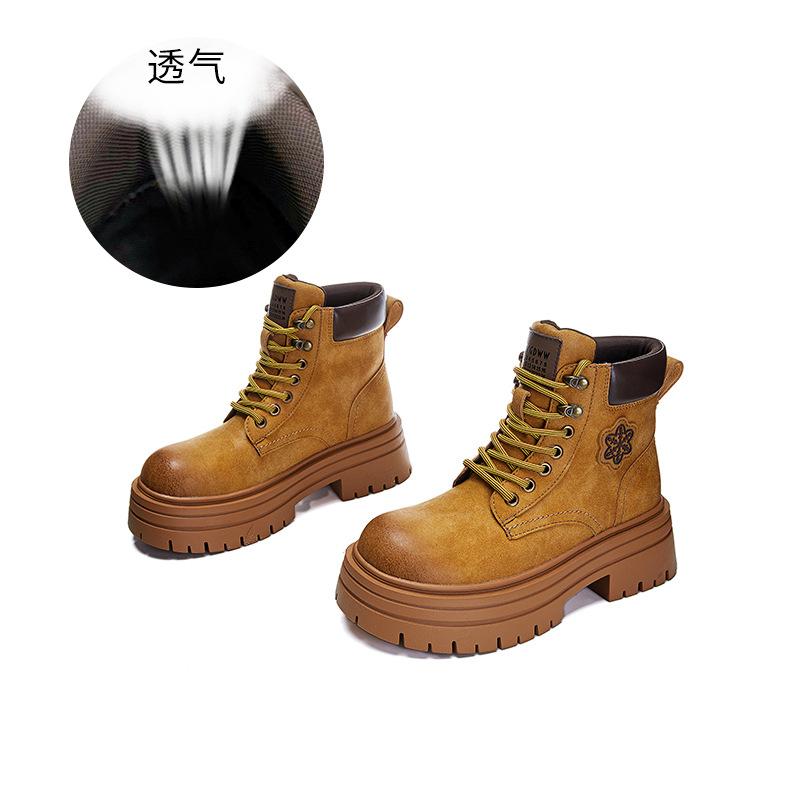 

Leather rhubarb boots for women s 2025 winter new thick-soled heightening Martin boots for women s versatile retro short boots, thin boots for women 40 верблюд