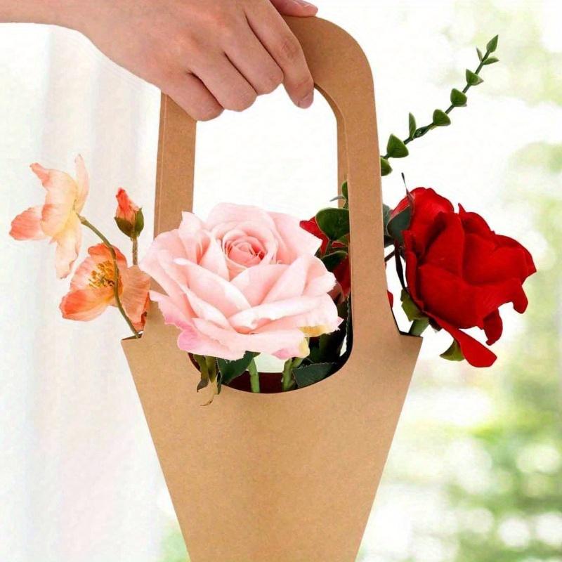 10 Piezas Bolsas de Embalaje para Decoración de Ramo de Flores de Papel Kraft con Asas, Bolsas Sencillas de Papel Kraft Marrón para Ramo de Flores de Boda
