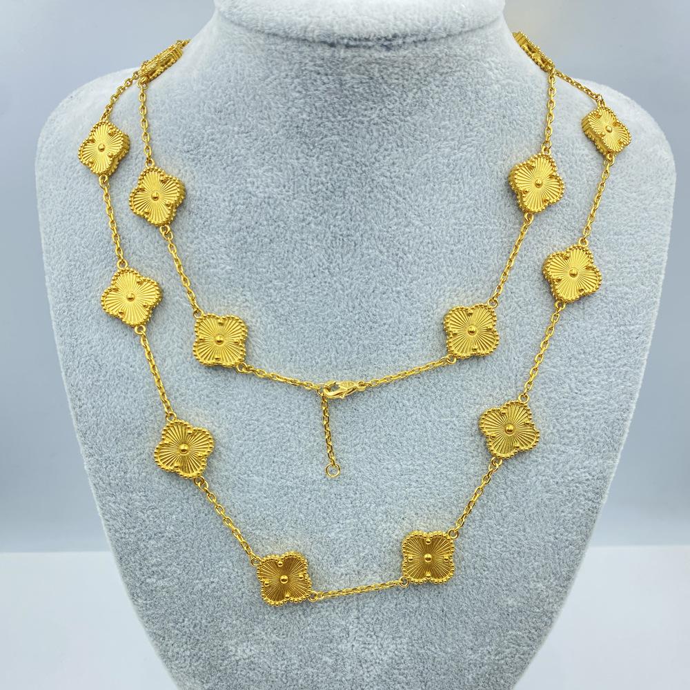 

Ожерелье из титановой стали 15 мм 20 цветков 90+5 см Четырехлистный клевер Боковая канавка Пакетный угол Ожерелье Высококлассная женская цепочка для свитера