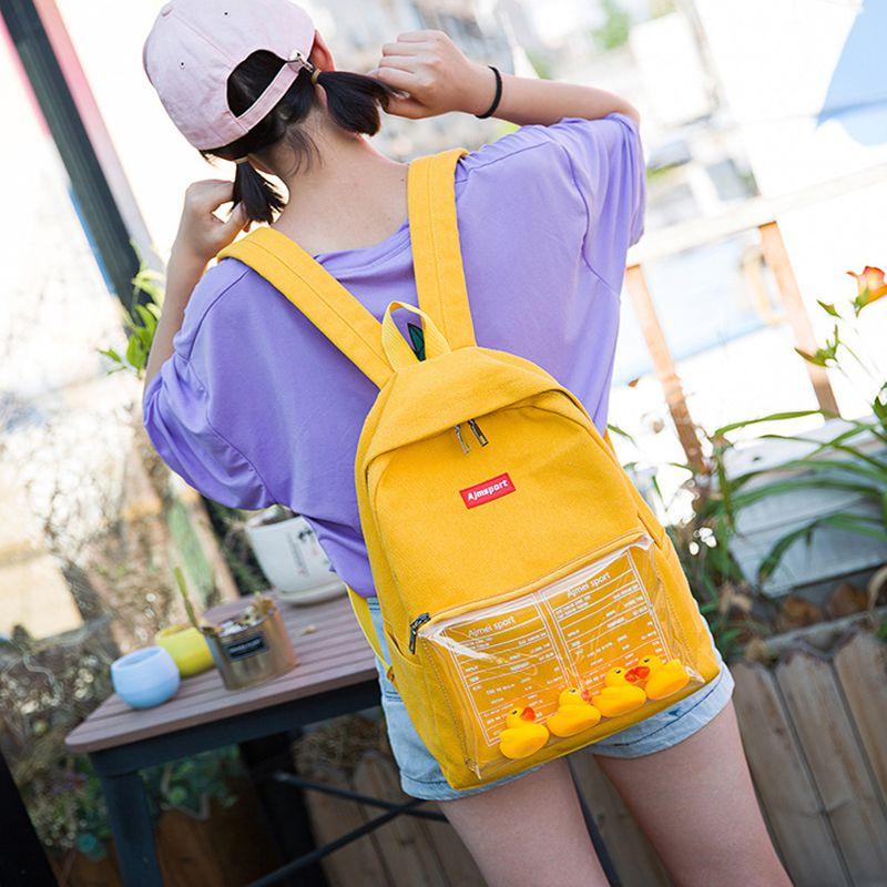 Durable Canvas Womens Backpack With Fun Duck Toy And Transparent School Bag Design
