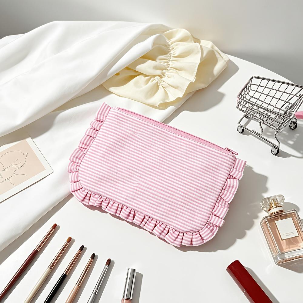 Stylish Ruffled Seersucker Makeup Bag, Large Capacity Striped Storage Bag, Portable Hand Clutch, Lightweight Wash Storage Bag