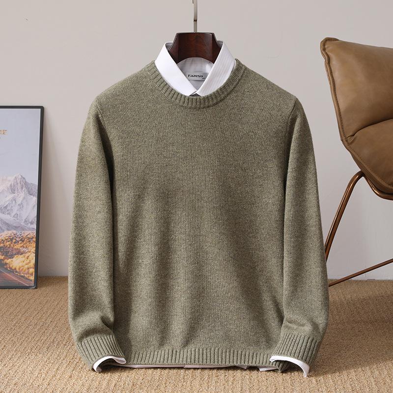 Men's Pure Wool Thickened Winter Pullover - Color Block Round Neck Cashmere Sweater