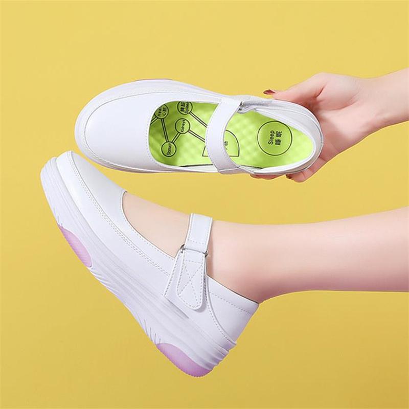 Fashion Genuine Leather Women Nurse Shoes Soft Soles Hollow Out Breathable Comfortable Non Slip Wedges White Ladies Loafers Work Shoes