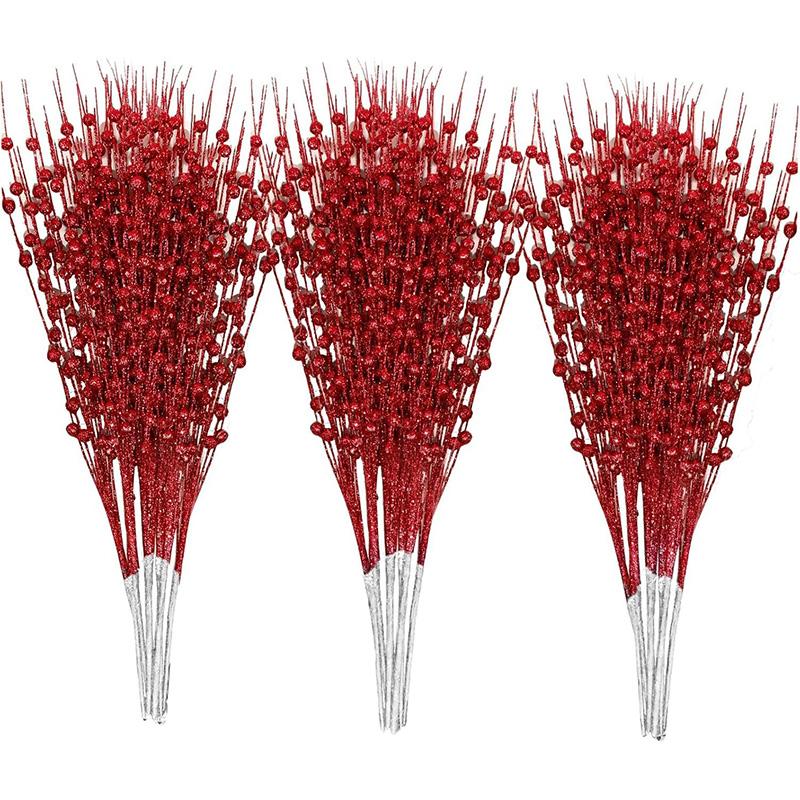 

60Heads Glitter Berry Artificial Flower Xmas Tree Ornaments Decoration Vase DIY Wreath Crafts Home Decor Navidad Supplies 2Pcs красный