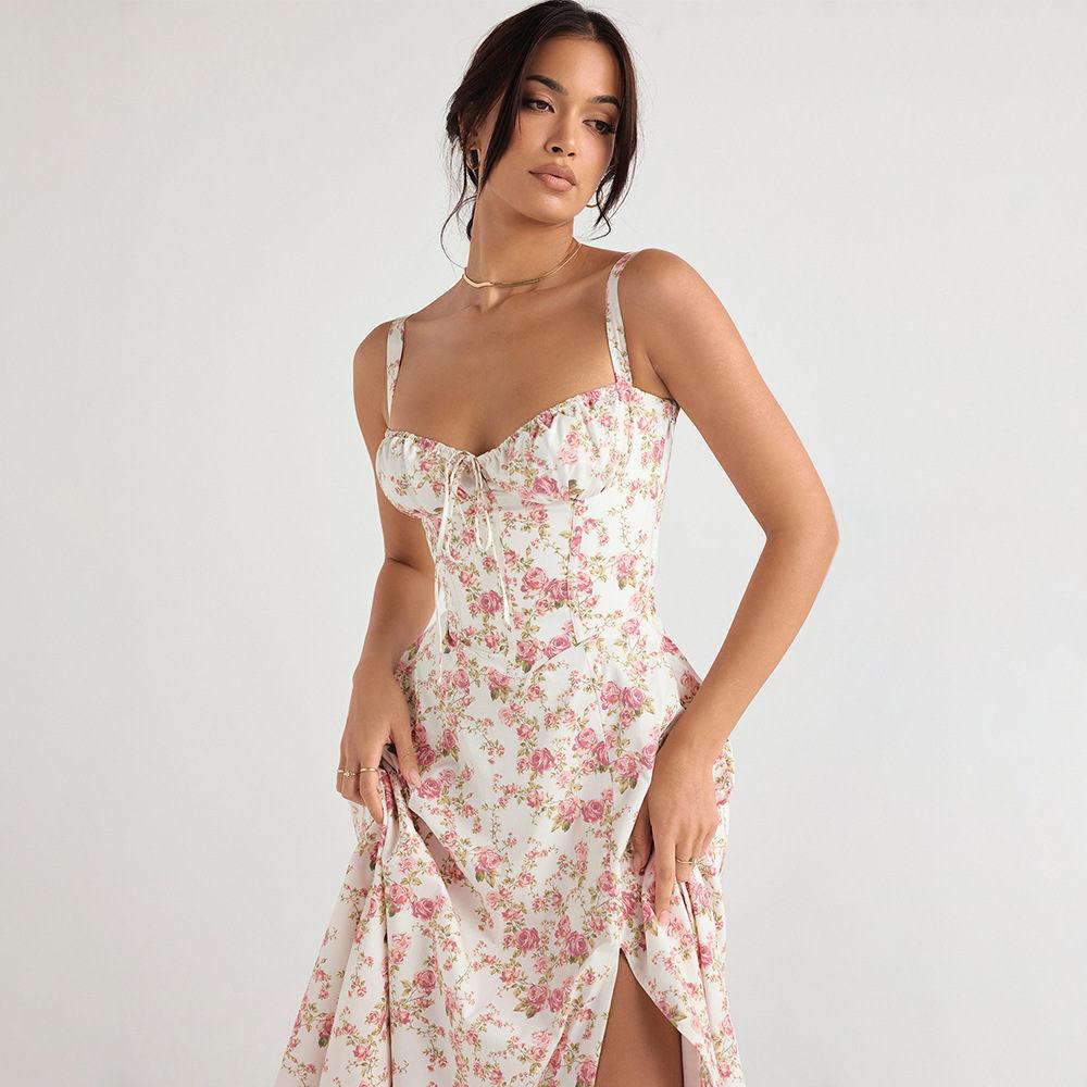 Frauen Y2k Square Neck Lace Trim Langes Kleid Low Cut Ärmelloses Bustier Midi Kleid Ausgehen Spaghetti Träger Sommerkleid