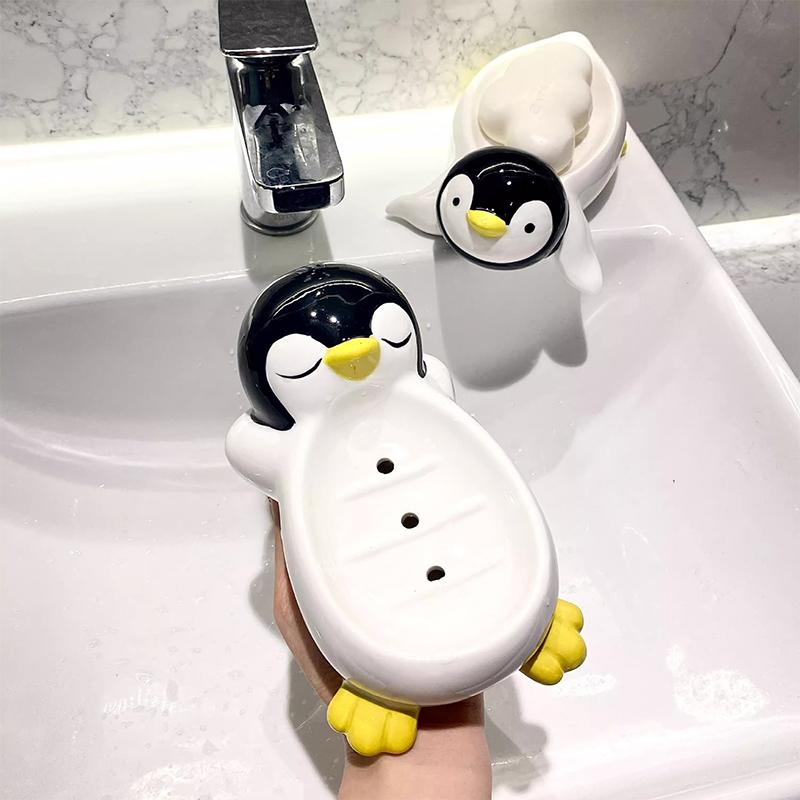 1 Stück Seifenkiste in Pinguinform aus Keramik, Ablaufseifenschale, Badezimmer, Dusche, Seifenhalter, Schwammablage, Küche, Badezimmer-Zubehör