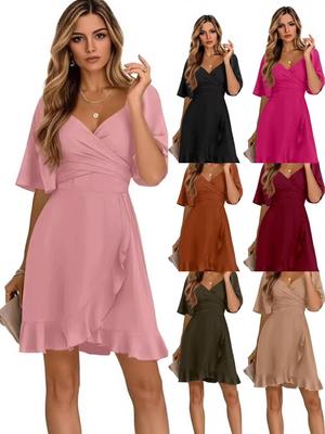 2026 V-Neck Solid Color Ruffle Summer Dress for Women - Stylish Waist-cinching European and American Fashion
