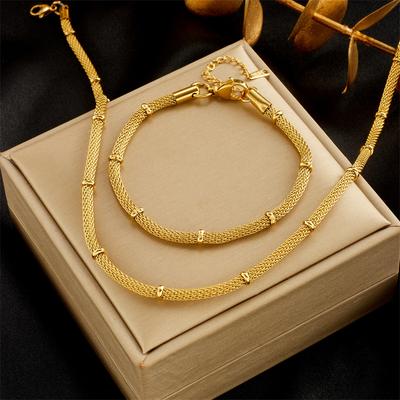 Fashion Minimalist Bamboo Necklace Bracelet Set with Metal Mesh Round Chain Vintage Jewelry