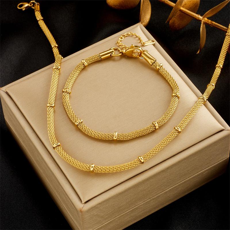 Fashion Minimalist Bamboo Necklace Bracelet Set with Metal Mesh Round Chain Vintage Jewelry