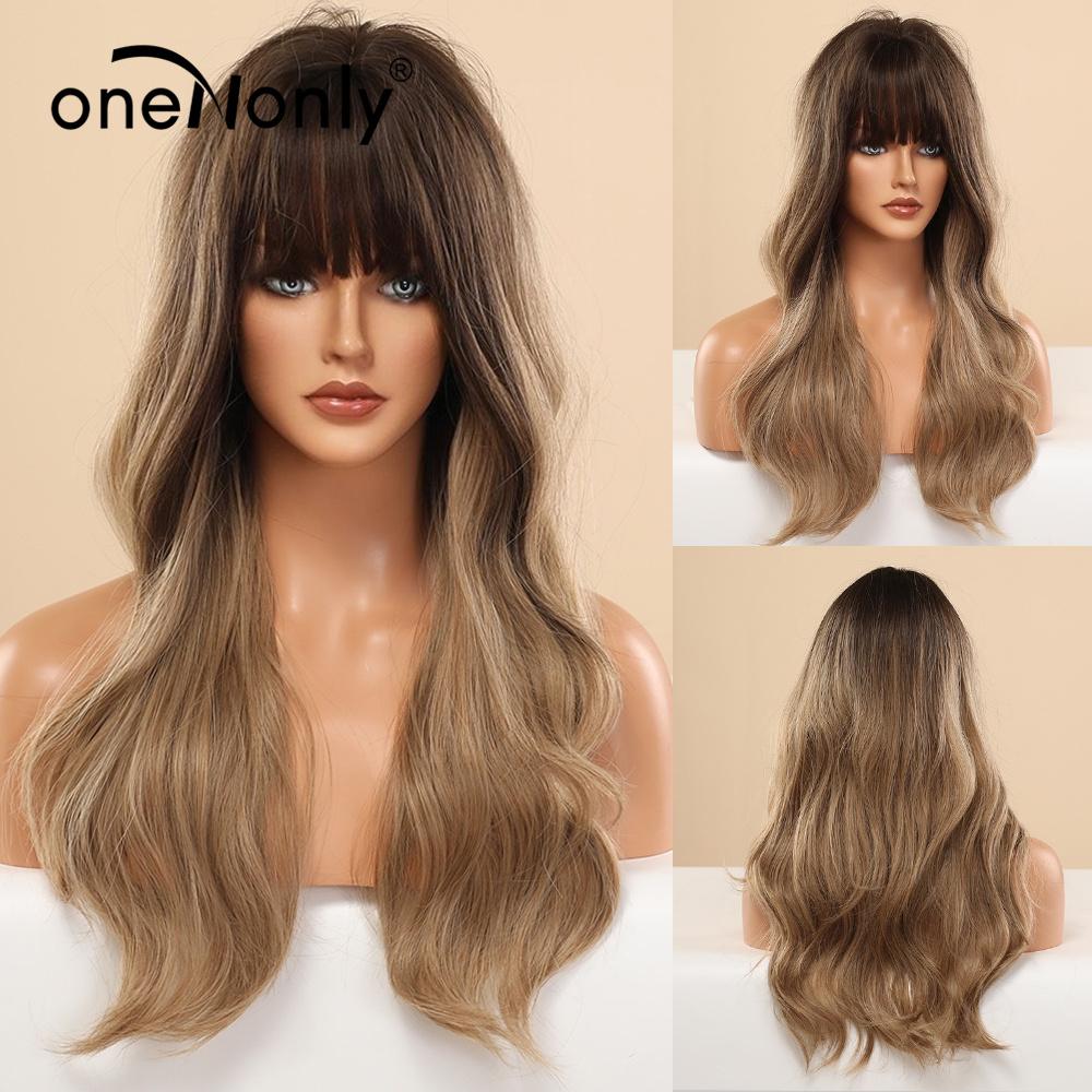 OneNonly Synthetische Perücken für Frauen, blonde Perücke mit Pony, langwellige Perücke, natürliches Haar, hitzebeständige Faser