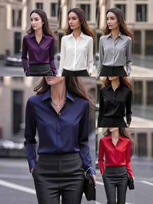 Damen Satinsakko mit Revers, Langarm, Unifarben, Vielseitiges Hemd - Herbstkollektion