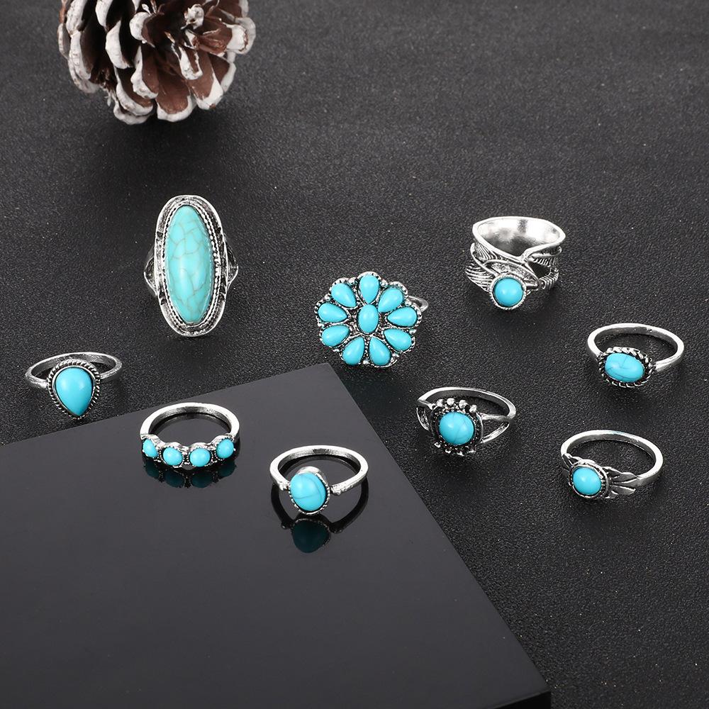 Ring, Vintage Bohemian Feather Turquoise Hollow 9 Piece Set Ring