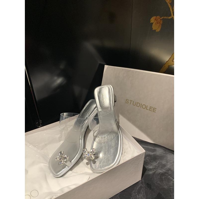 

~ Fairy air fluttering~ Exquisite butterfly rhinestone temperament square head transparent with high heels cool slippers 34 серебряный