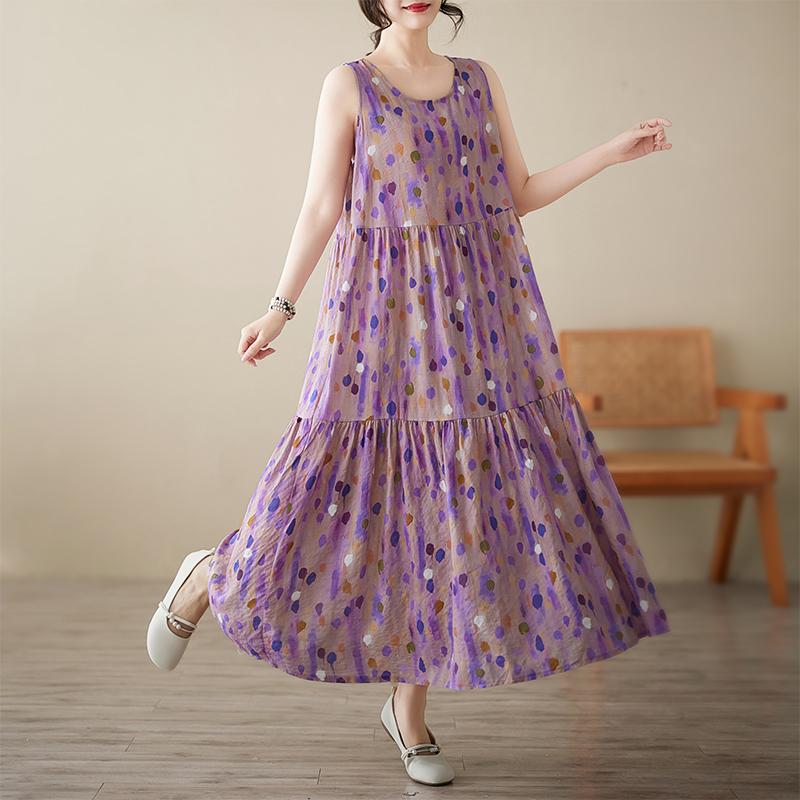 DIMANAF 2025 New Summer Women Plus Size Loose Vintage Dot Printing Dress Basic Sundress Casual Long Dress