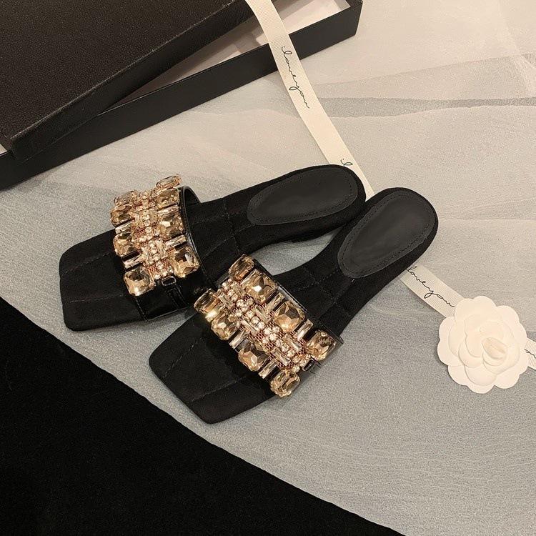 

Summer with skirt sandals women s 2025 new French beautiful rhinestone word with flat slippers women s summer wear 35