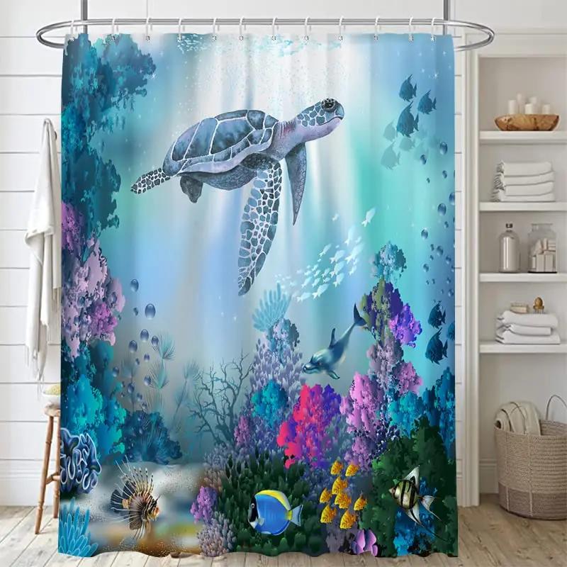 

Sea Turtle Shower Curtain Underwater Ocean Fishes Coral Reef Marine Life Bathroom Curtains With Hooks Blue Bathtub Screen Decor W60H190(CM)-1 Pcs