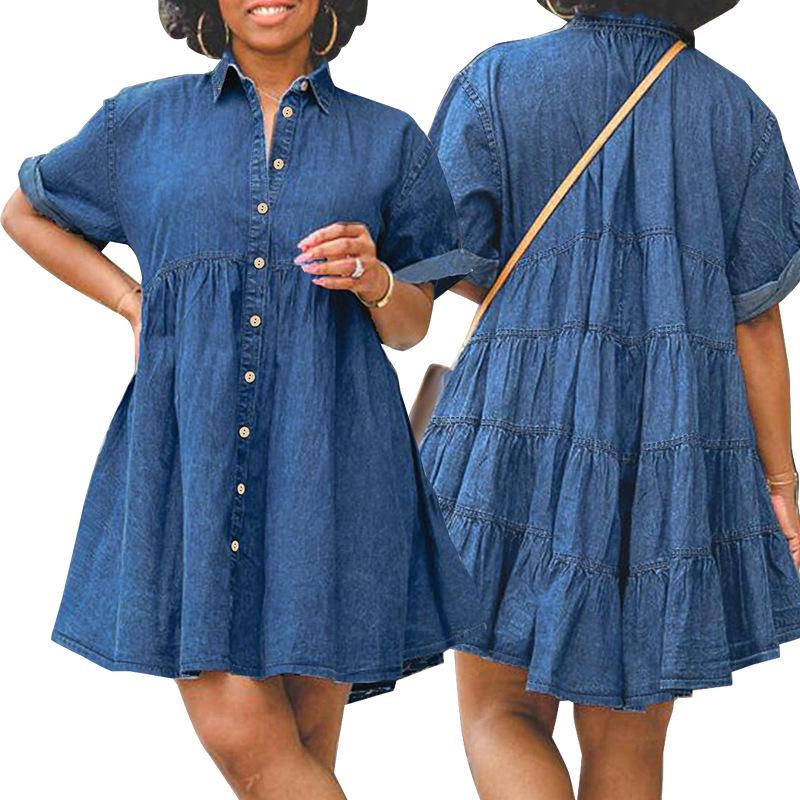 

Plus-Size Elastic Denim Puff Sleeve Dress 5XL синій