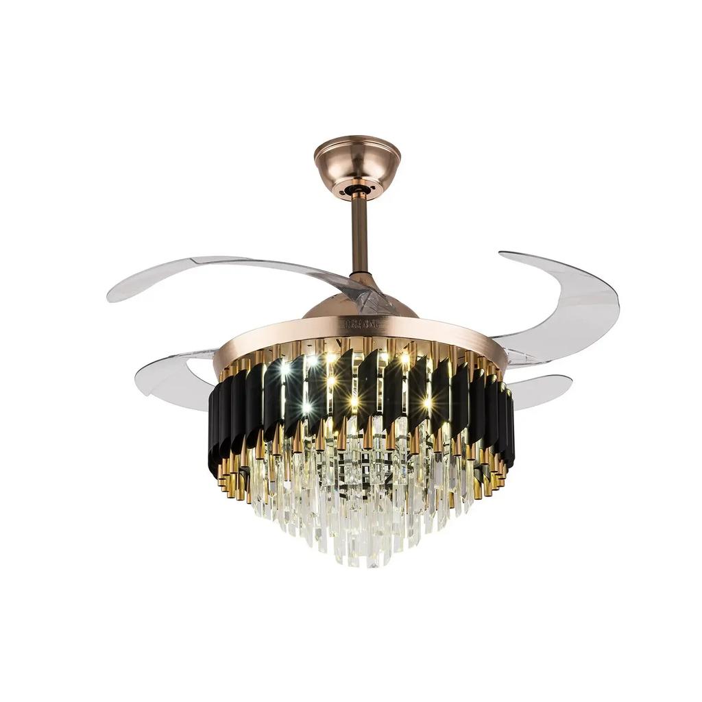 Modern Crystal LED Ceiling Fan Chandelier 42" Retractable Blades Remote Control 3-Speed Lighting Pendant Lights