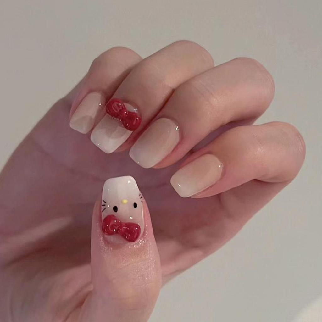 Nude White Gradient Ballet Fake Nails with 3D Cat Bow Design