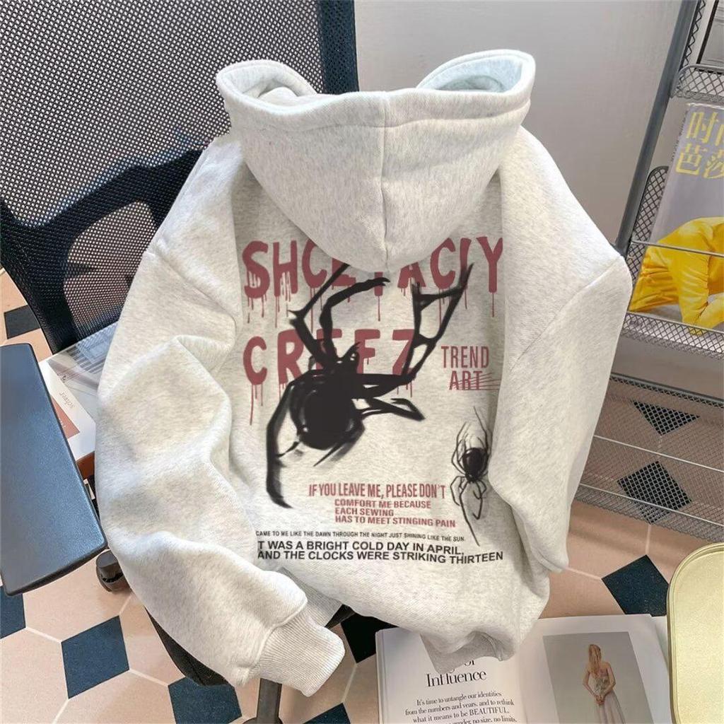 Men's Trendy Spider Print Velvet Hoodie - Autumn/Winter Loose Fit, High-End Feel, Couple's Outerwear.