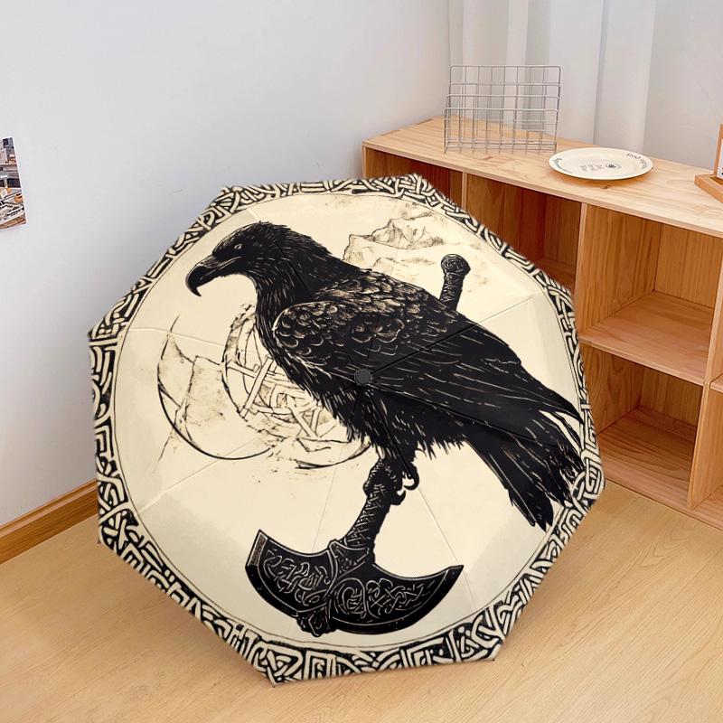 1 PC Automatic Folding Umbrella - Celtic Raven and Axes Pattern, Portable & Foldable Design with 8 Ribs, Christmas Birthday Gifts