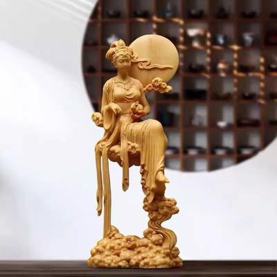 Statue de fée Chang'e en bois massif naturel, mythologie sculptée à la main, lapin de jade, immortel, décoration pour la maison, la chambre ou le bureau.