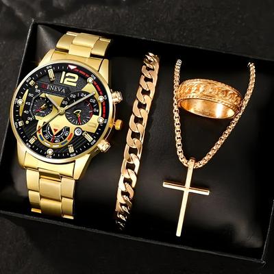 4pcs Luxury Men Business Quartz Watch Gold Roman with Calendar Wrist Watch Cross Necklace Bracelet Ring Set Men's Gift NO BOX