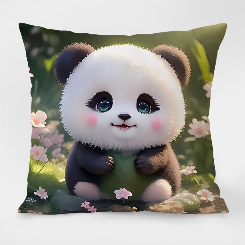 Cute Cartoon Panda Pattern Decorative Pillowcase Living Room Bedroom Square Cushion Pillowcase